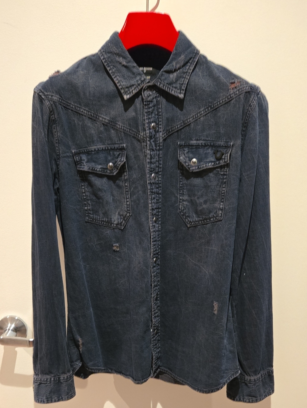 True Religion Distressed Black Denim Shirt Jacket